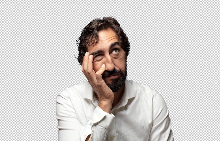 PSD gratuito sentirse aburrido, frustrado y con sueño después de una tarea aburrida y tediosa, sosteniendo la cara con la mano