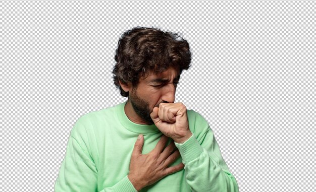 sentirse enfermo con dolor de garganta y síntomas de la gripe tos con la boca cubierta