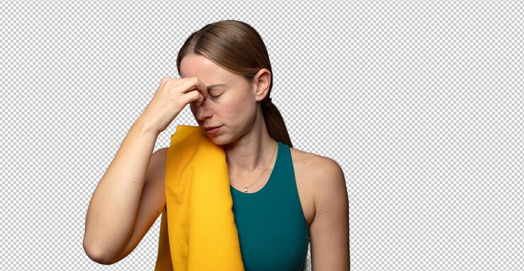PSD gratuito sentirse estresado infeliz y frustrado tocar la frente y sufrir migraña de dolor de cabeza severo concepto de fitness