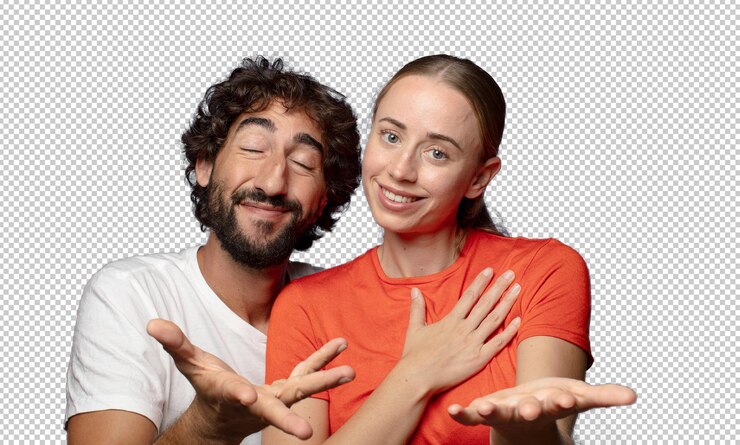 PSD gratuito sentirsi felici e innamorati sorridendo con una mano accanto al cuore e l'altra allungata in avanti