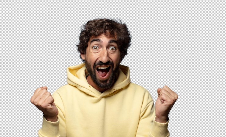 PSD gratuito sentirsi scioccati eccitati e felici ridere e festeggiare il successo dicendo wow