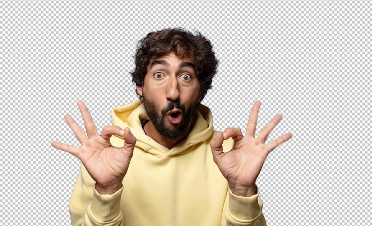 PSD gratuito sentirsi scioccati, sbalorditi e sorpresi, mostrare l'approvazione, fare il segno "okay" con entrambe le mani.