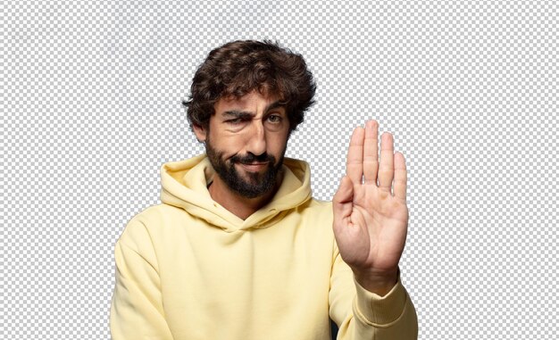 serieus, streng, ontevreden en boos, open handpalm laten zien, stopgebaar maken.