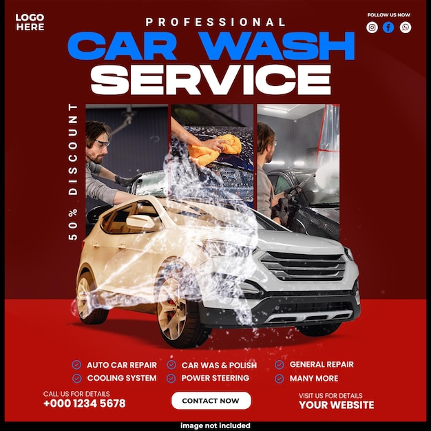 Servicio de lavado de automóviles post de banner en las redes sociales o diseño de banner de promoción de automóviles PSD