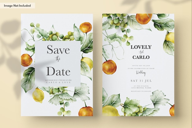 set bruiloft uitnodigingskaarten met een citroen en bloemen