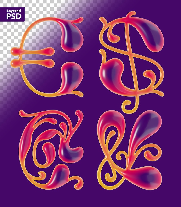 PSD gratuito set di lettere ricce rese 3d con superficie liscia e lucida.
