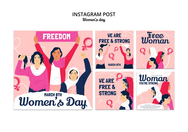 PSD gratuito set di modelli di post instagram piatti per la festa della donna disegnati a mano