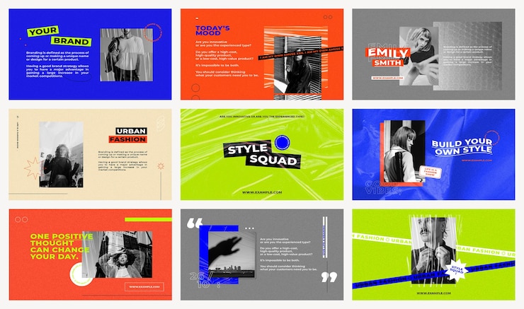 PSD gratuito set di modelli di presentazione psd con sfondi a colori retrò per il concetto di influencer di moda e tendenze