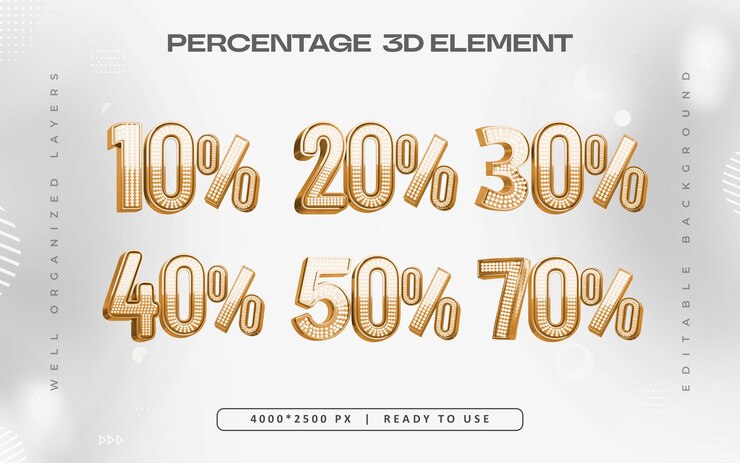 PSD gratuito set di numeri percentuali d'oro illustrazione di rendering 3d isolata