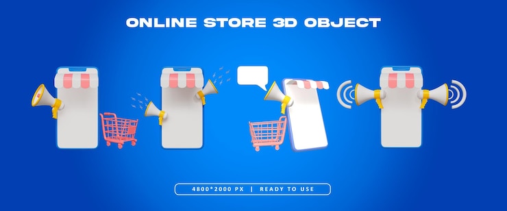 PSD gratuito set di oggetti del negozio online isolato rendering 3d illustrazione