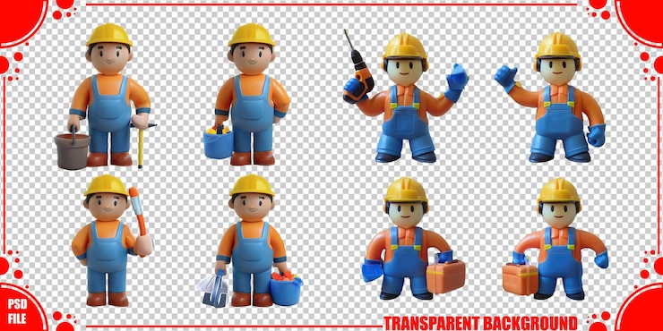 PSD gratuito set di personaggi di cartoni animati di operai edili