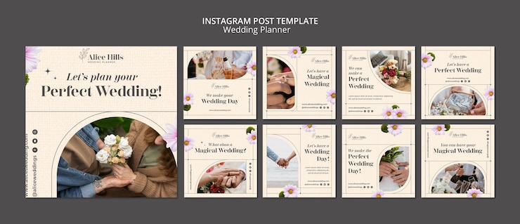 PSD gratuito set di post instagram di wedding planner floreale