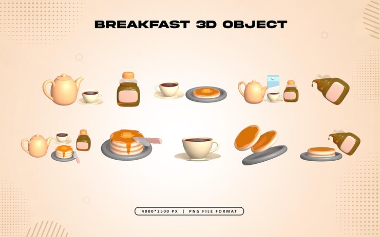 PSD Gratis set ikon 3d item sarapan