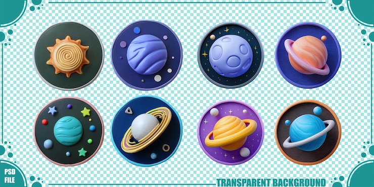 PSD Gratis set ikon planet berwarna-warni untuk proyek kreatif