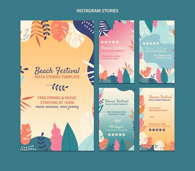 Set de plantillas de historias de instagram de festival en la playa
