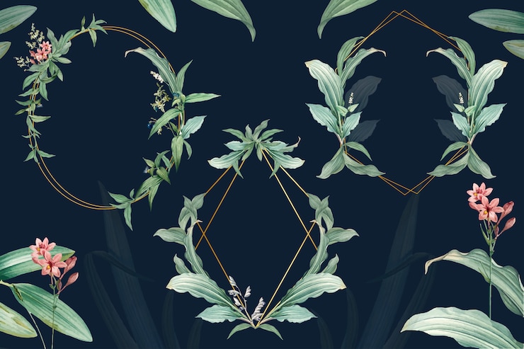 Gratis PSD set van lege frames met groene bladeren ontwerp