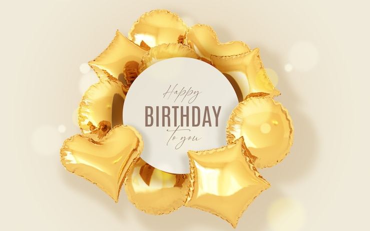 PSD gratuito sfondio di compleanno con palloncini d'oro e cornice