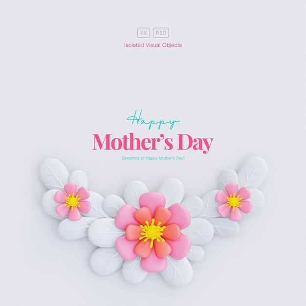Sfondo di auguri per la festa della mamma felice decorato con fiori e foglie rosa carini
