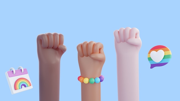 Sfondo di orgoglio 3d con le mani che mostrano i pugni