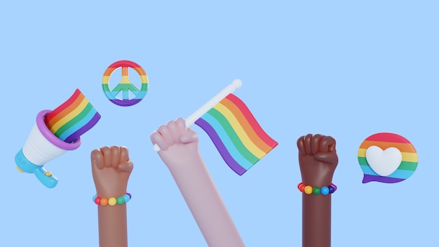 Sfondo di orgoglio 3d con le mani in alto in possesso di bandiera arcobaleno
