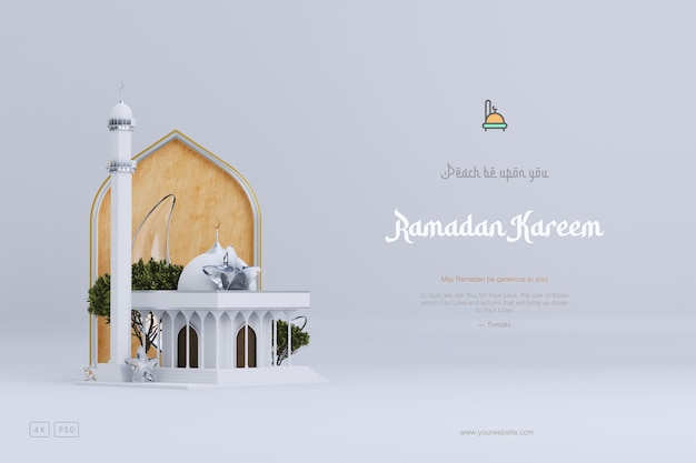 Sfondo di saluto del Ramadan islamico con graziosi ornamenti 3D Moschea e Mezzaluna islamica