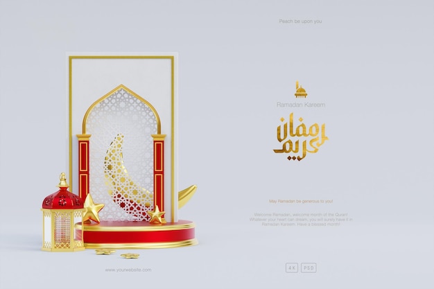 Sfondo di saluto islamico Ramadan Kareem con moschea d'oro 3d Podio lanterna e ornamenti a mezzaluna