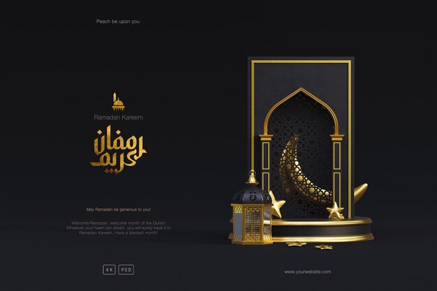 Sfondo di saluto islamico Ramadan Kareem con moschea d'oro 3d Podio lanterna e ornamenti a mezzaluna