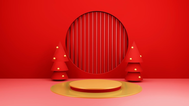 PSD gratuito sfondo natalizio con albero di natale e podio sul palco per l'esposizione del prodotto. rappresentazione 3d