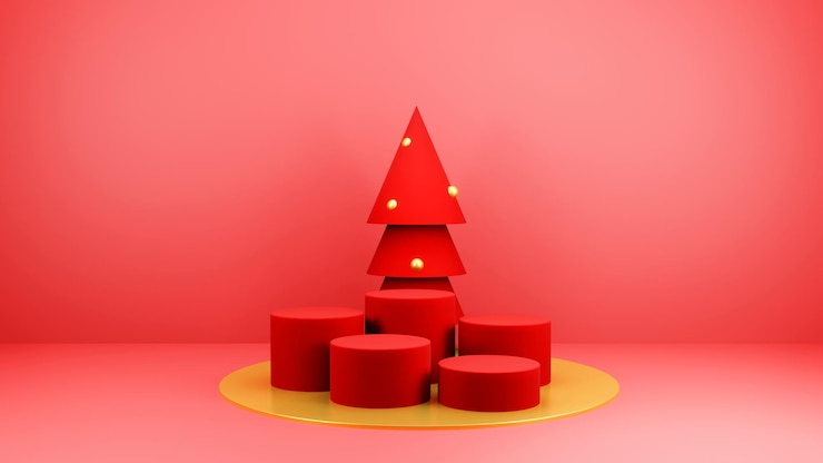 PSD gratuito sfondo natalizio con albero di natale e podio sul palco per la visualizzazione del prodotto rendering 3d