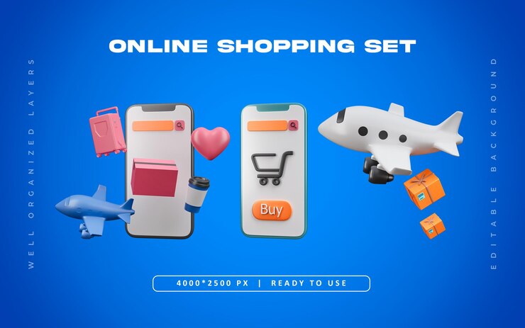 PSD gratuito shopping online con il telefono cellulare set di oggetti rendering 3d isolato