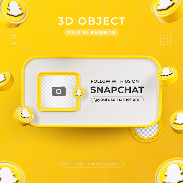 Sigue con nosotros en el perfil de snapchat medios sociales renderizado en 3d aislado para composición