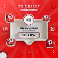 PSD gratuito siguenos en el perfil de pinterest medios sociales renderizado en 3d aislado para composición