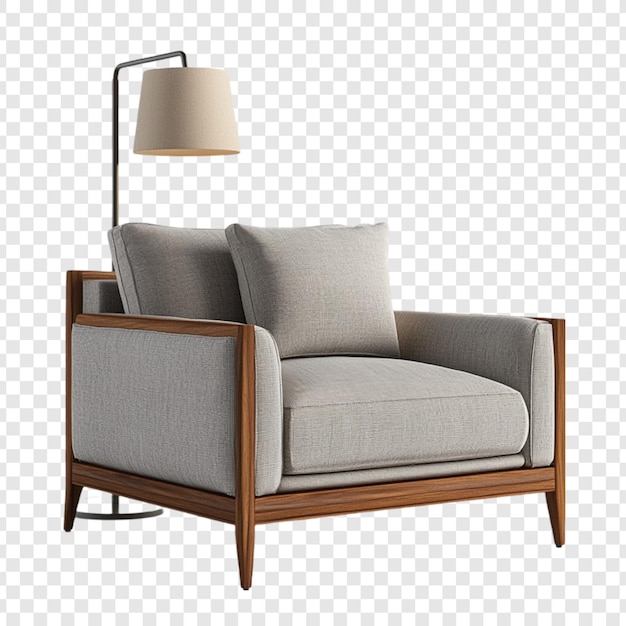 Sillón moderno gris con marco de madera y lámpara de piso