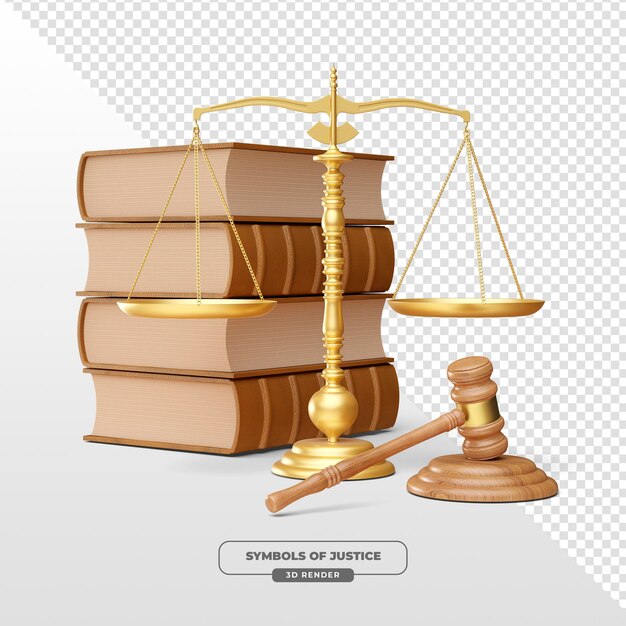 Símbolos de la justicia Libros de balanza y martillo en renderización 3D