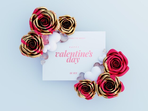 Simpatico biglietto di auguri Mockup decorato con rose carine e cuori d'amore con vista dall'alto