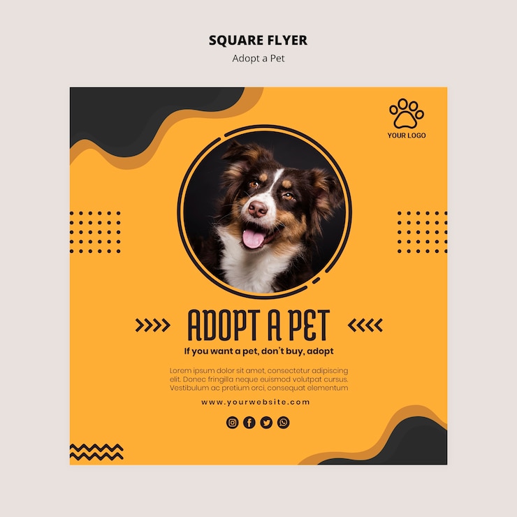 PSD gratuito simpatico cane adotta un volantino quadrato da compagnia