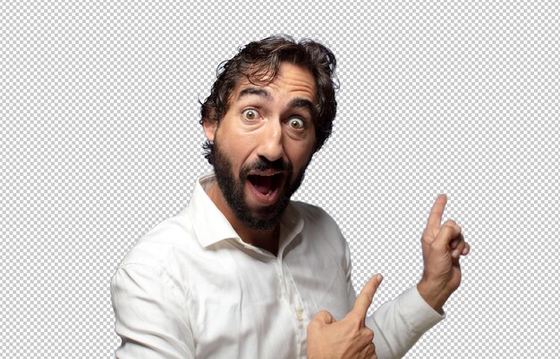 sintiéndose alegre y sorprendido sonriendo con una expresión conmocionada y señalando hacia el lado