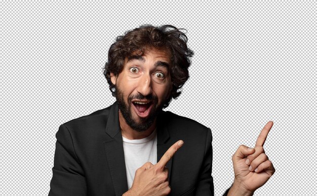 sintiéndose alegre y sorprendido sonriendo con una expresión conmocionada y señalando hacia el lado