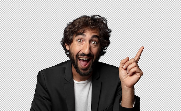 sintiéndose como un genio feliz y emocionado después de darse cuenta de una idea alegremente levantando el dedo eureka