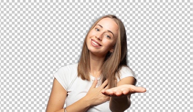 sintiéndose feliz y enamorado sonriendo con una mano al lado del corazón y la otra estirada hacia adelante
