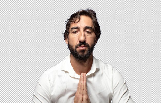 sintiéndose preocupado esperanzado y religioso orando fielmente con las palmas presionadas pidiendo perdón