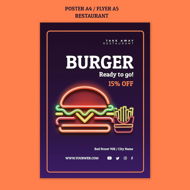 Sjabloon voor abstract restaurant folder met neon hamburger