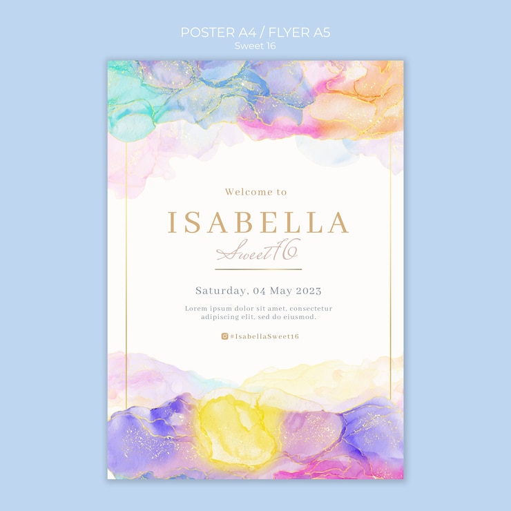 Gratis PSD sjabloon voor aquarel sweet 16 poster