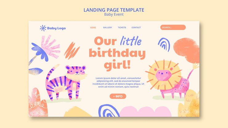 Gratis PSD sjabloon voor bestemmingspagina's voor baby-evenementen met tekeningen van dieren