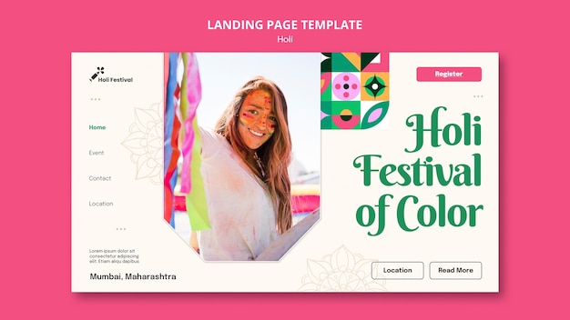 Gratis PSD sjabloon voor bestemmingspagina voor holi-festivalviering