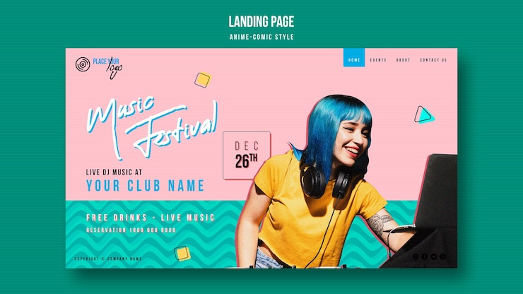 Gratis PSD sjabloon voor bestemmingspagina voor muziekfestival in anime-komische stijl