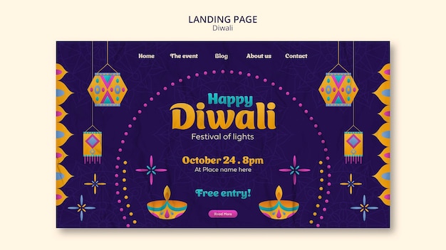 Gratis PSD sjabloon voor diwali-bestemmingspagina met plat ontwerp