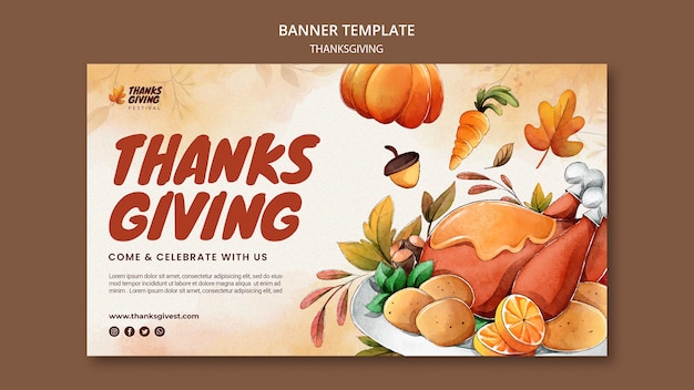 Gratis PSD sjabloon voor horizontale banner van aquarel thanksgiving