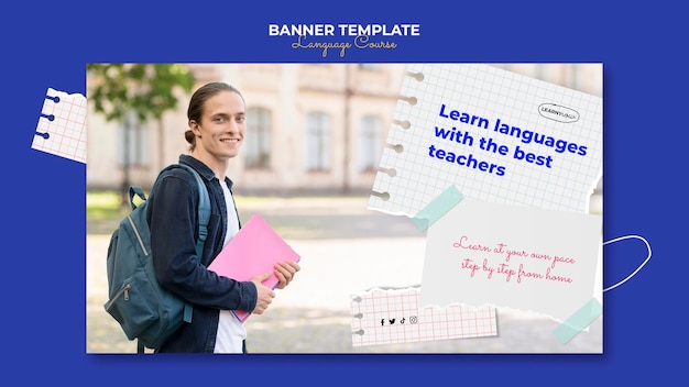 Sjabloon voor horizontale banners voor taallessen met notitieboekjepagina's