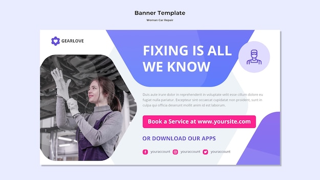 Gratis PSD sjabloon voor horizontale spandoek voor vrouwelijke automonteur